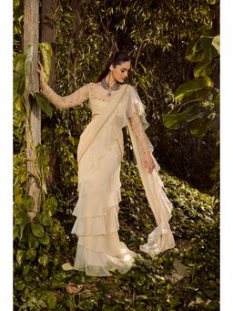 PARUL GANDHI - Serene White Embellished Ruffle Saree With Stitched Blouse with Stitched