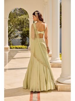 PARUL GANDHI - Soft Greeen Sage Pre-Draped Saree With Stitched Blouse with Stitched