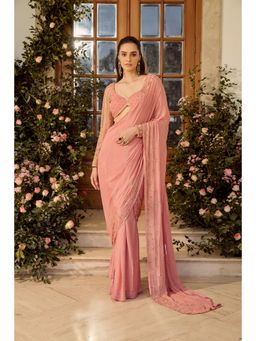 PARUL GANDHI - Blossom Pink Pre-Draped Saree Set With Stitched Blouse with Stitched