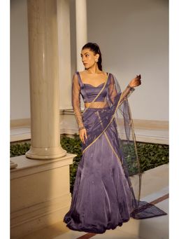 PARUL GANDHI - Glam Purple Embellished Saree Set With Stitched Blouse with Stitched