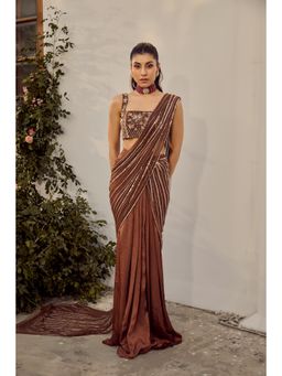 PARUL GANDHI - Dusk Brown Embellished Saree Set With Stitiche Blouse with Stitched