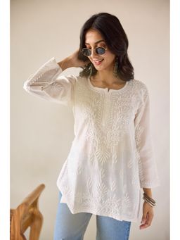 Old Marigold - Sangeeta Eggshell Chanderi Hand Embroidered Short Chikankari White Kurti