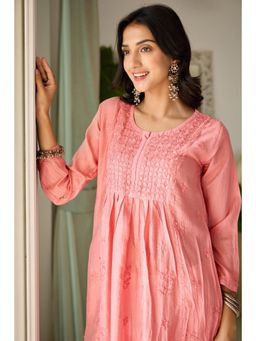 Old Marigold - Tala Chanderi Hand Embroidered Chikankari Pink Kurta