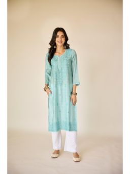 Old Marigold - Wafa Blue Chanderi Hand Embroidered Chikankari Kurta