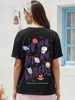 Bewakoof - Women's Black BTS My Universe Graphic Printed Boyfriend T-shirt