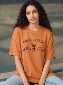 Bewakoof - Air 1.0 Women Orange Brun Ch club Graphic Printed Oversized T-Shirt