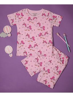 Be Awara - Half Sleeves Cotton T-shirt & Shorts Unicorn Print Pink (Set of 2)