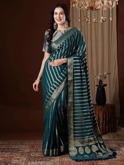 Akhilam - Women's Georgette Teal Blue Woven Design Designer Saree with Unstitched Blouse