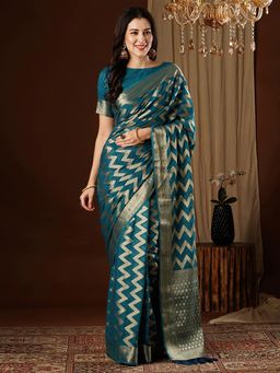 Akhilam - Women's Georgette Teal Blue Woven Design Designer Saree with Unstitched Blouse
