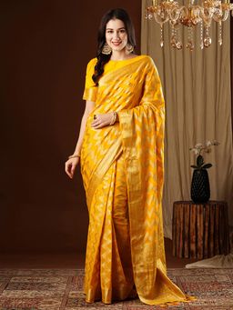 Akhilam - Women's Georgette Yellow Woven Design Designer Saree with Unstitched Blouse