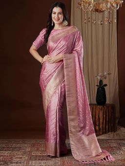 Akhilam - Women's Satin Silk Pink Woven Design Designer Saree with Unstitched Blouse