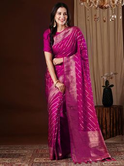 Akhilam - Women's Satin Silk Magenta Woven Design Designer Saree with Unstitched Blouse