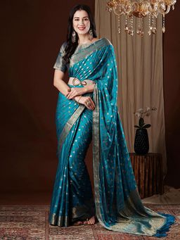 Akhilam - Women's Georgette Teal Blue Woven Design Designer Saree with Unstitched Blouse