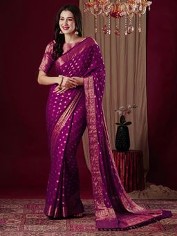 Akhilam - Women's Georgette Pink Woven Design Designer Saree with Unstitched Blouse