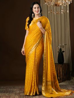 Akhilam - Women's Georgette Yellow Woven Design Designer Saree with Unstitched Blouse