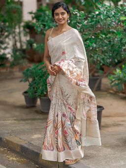 Sareemall - Women's Linen Cream Printed Designer Saree with Unstitched Blouse