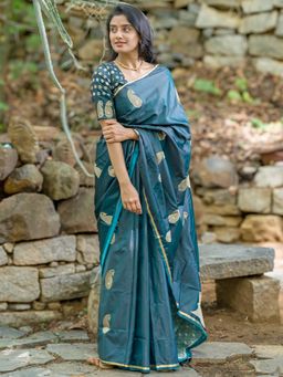 Sareemall - Women's Satin Silk Green Woven Design Designer Saree with Unstitched Blouse