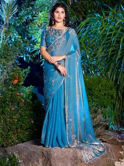 Sareemall - Women's Pure Chiffon Teal Blue Embellished Designer Saree with Unstitched Blouse