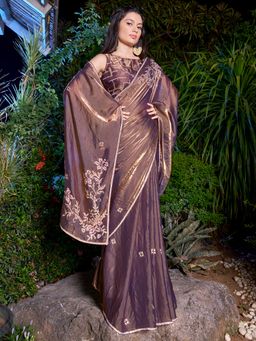 Sareemall - Women's Pure Chiffon Bronze Embellished Designer Saree with Unstitched Blouse