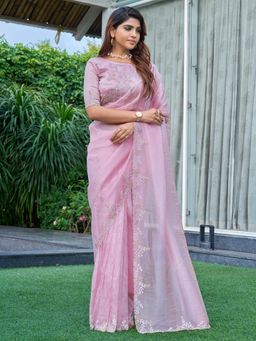 Sareemall - Women's Organza Pink Embellished Designer Saree with Unstitched Blouse