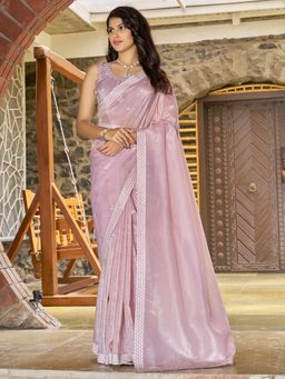 Sareemall - Women's Pure Silk Pink Embellished Designer Saree and Belt with Unstitched Blouse