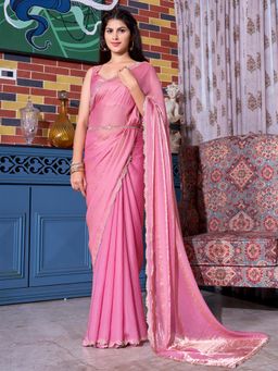 Sareemall - Women's Pure Chiffon Pink Embellished Designer Saree and Belt with Unstitched Blouse