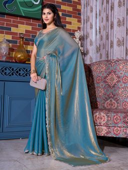 Sareemall - Women's Pure Chiffon Teal Embellished Designer Saree and Belt with Unstitched Blouse