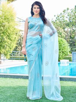 Sareemall - Women's Organza Light Blue Embellished Designer Saree with Unstitched Blouse