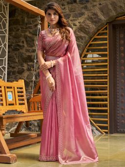 Sareemall - Women's Organza Pink Embellished Designer Saree and Belt with Unstitched Blouse