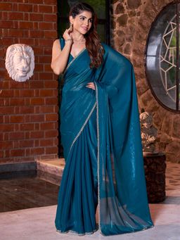 Sareemall - Women's Satin Silk Teal Embellished Designer Saree with Unstitched Blouse