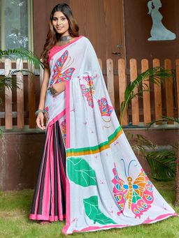 Akhilam - Women's Cotton White Printed Designer Saree with Unstitched Blouse