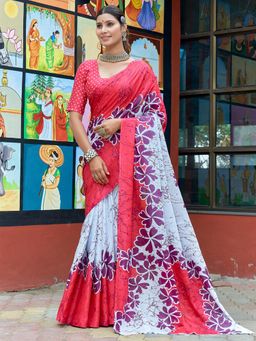 Akhilam - Women's Cotton White Printed Designer Saree with Unstitched Blouse