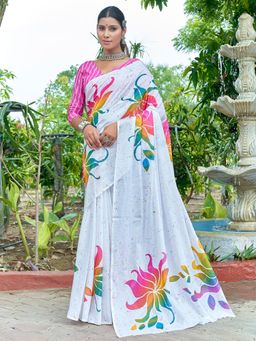 Akhilam - Women's Cotton White Printed Designer Saree with Unstitched Blouse