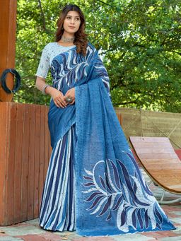 Akhilam - Women's Cotton Blue Printed Designer Saree with Unstitched Blouse