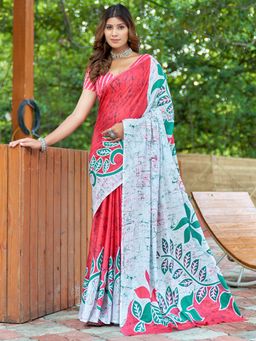 Akhilam - Women's Cotton Pink Printed Designer Saree with Unstitched Blouse