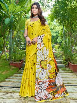 Akhilam - Women's Cotton Yellow Printed Designer Saree with Unstitched Blouse