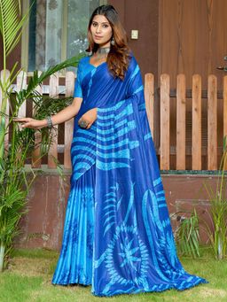 Akhilam - Women's Cotton Blue Printed Designer Saree with Unstitched Blouse