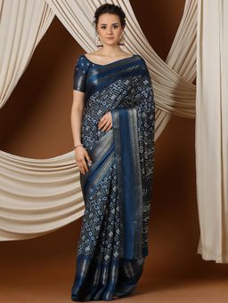 Akhilam - Women's Silk Blend Navy Blue Printed Designer Saree with Unstitched Blouse