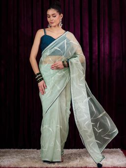Akhilam - Women's Organza Sea Green Embellished Designer Saree with Unstitched Blouse