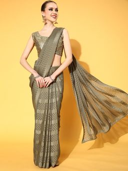 Akhilam - Womens Georgette Olive Designer Saree with Unstitched Blouse