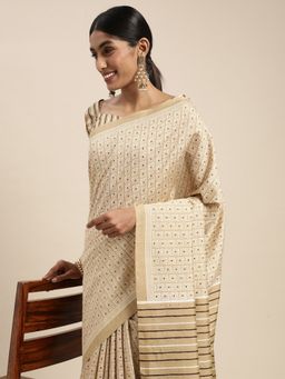 Odette - Bhagalpuri Silk Beige Printed Saree with Unstitched Blouse