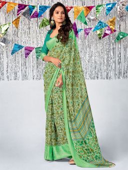 Odette - Womens Georgette Light Green Printed Saree with Unstitched Blouse