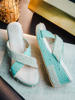 NR by Nidhi Rathi - Womens Mint Green Pearl Embellishment Patent Wedges Heels