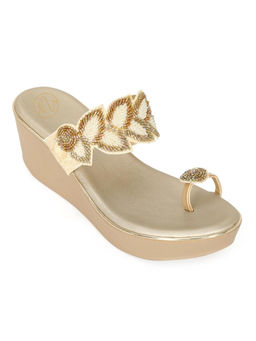 NR by Nidhi Rathi - Womens Gold Ethnic Embellished One-Toe Wedges Heels