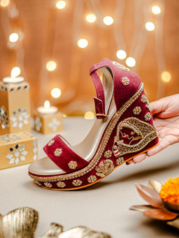 NR by Nidhi Rathi - Womens Maroon Velvet Golden Embroidery Wedges Heels