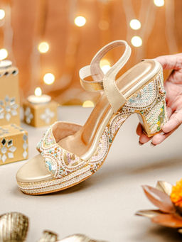 NR by Nidhi Rathi - Womens Gold-Toned Embroidery Sandal Heels