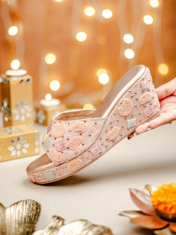 NR by Nidhi Rathi - Womens Peach Embroidered Wedges Heels
