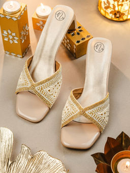 NR by Nidhi Rathi - Womens White Luxe Embellished Block Sandal Heels