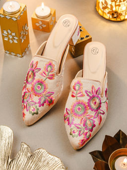 NR by Nidhi Rathi - Womens Beige Floral Print Mules Heels