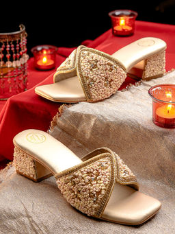 NR by Nidhi Rathi - Womens Gold Ethnic Embellished Block Sandal Heels